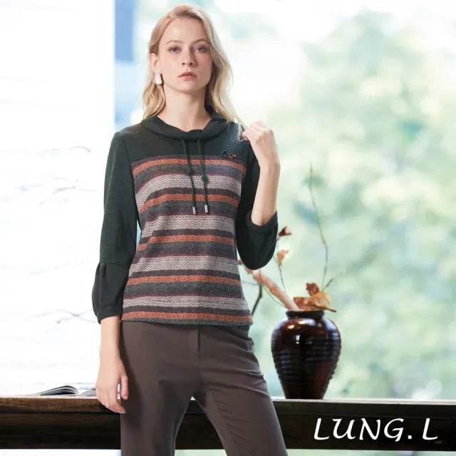 【LUNG.L 林佳樺】LT46A 綠色拼接條紋造型領長袖女裝上衣(秋冬新品 加大尺碼 保暖)