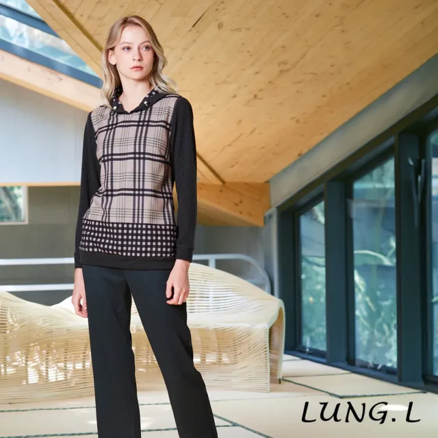 【LUNG.L 林佳樺】LU09A 卡其色格紋拼接黑灰色保暖長袖女裝上衣(秋冬新品 加大尺碼)