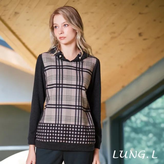 【LUNG.L 林佳樺】LU09A 卡其色格紋拼接黑灰色保暖長袖女裝上衣(秋冬新品 加大尺碼)
