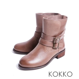 【KOKKO】個性質感雙條帶飾扣騎士短靴(駝色)