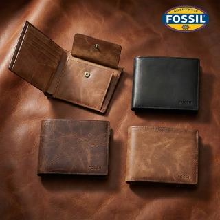 【FOSSIL】Derrick 真皮大零錢袋RFID防盜皮夾 男用短夾 多色可選(禮盒組附鐵盒)