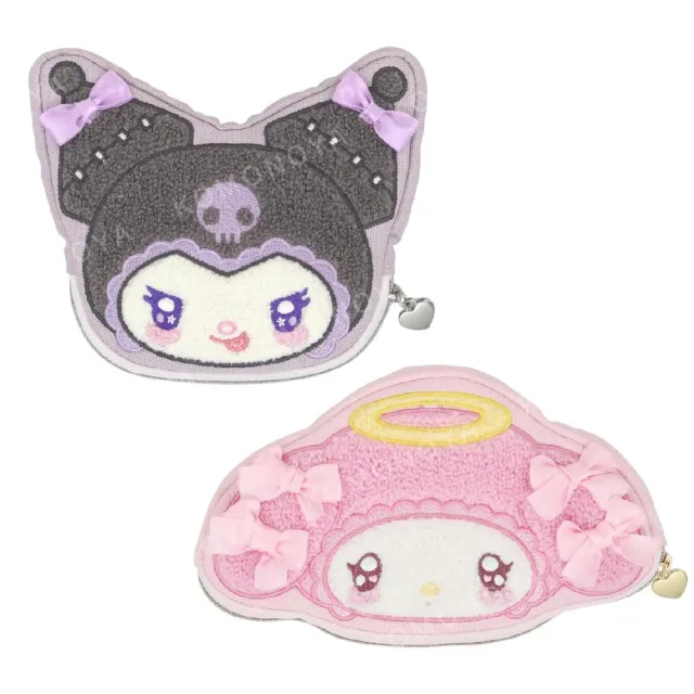 【小禮堂】Sanrio 三麗鷗 x 粧美堂 造型刺繡扁平化妝包 緞帶 天使與惡魔 美樂蒂 酷洛米(平