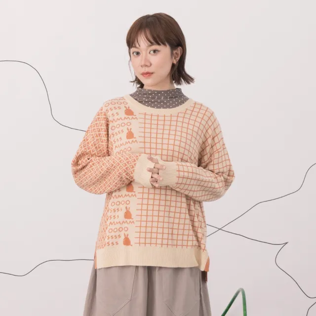 【MOSS CLUB】復古圖騰拼接格紋緹花針織上衣(藍 桔 灰/魅力商品)