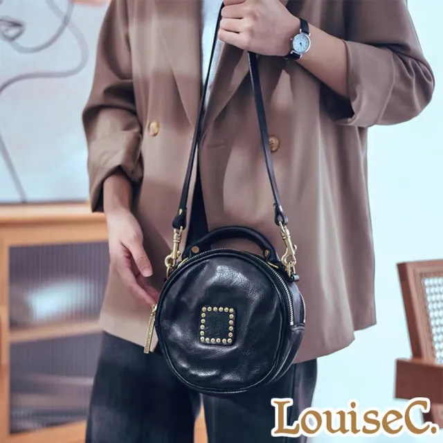 【LouiseC.】雙11 Tree House 牛皮洗水做舊個性復古鉚釘手提肩背斜背小圓真皮包-黑色(GK0007-05)