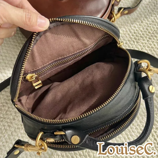 【LouiseC.】雙11 Tree House 牛皮洗水做舊個性復古鉚釘手提肩背斜背小圓真皮包-黑色(GK0007-05)