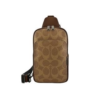 【COACH】卡其大C Logo PVC拼接素面皮革直式單肩後背胸包男包
