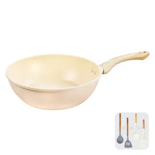 【LMG】香草系列IH不沾深炒鍋28cm無蓋-IH爐可用鍋(贈矽膠料理用具1入 款式隨機)