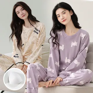 【NEW FORCE】甜系女孩附胸墊長袖居家套裝(附胸墊睡衣/睡衣/長袖睡衣/居家服/女睡衣/保暖睡衣)