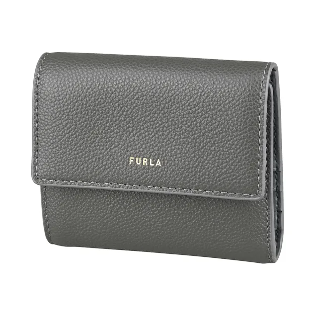 【FURLA 芙拉】FURLA Goccia燙金字LOGO小牛皮6卡壓釦式三折短夾(中/都市灰)