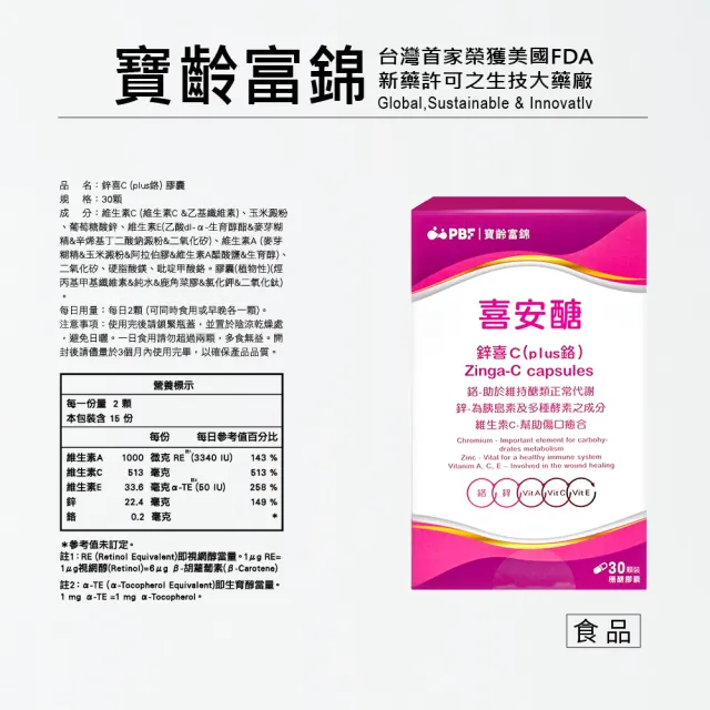 【寶齡富錦 PBF】喜安醣 鋅喜C Plus鉻膠囊 30顆(醣類代謝/鋅/鉻/維生素C)