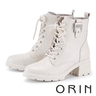 【ORIN】牛皮金屬牌綁帶粗跟短靴(米白)