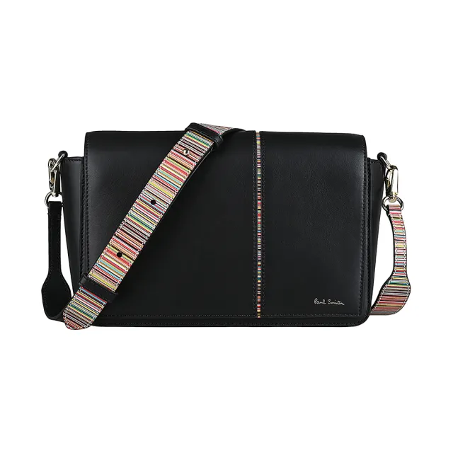 【Paul Smith】PAUL SMITH 燙金字LOGO牛皮拼小牛皮條紋背帶吸釦式斜背包(黑)