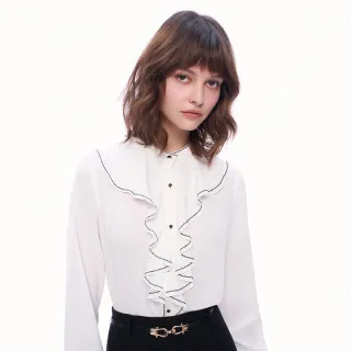 【MOMA】優雅立體撞色荷葉領雪紡襯衫(白色)