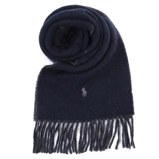【RALPH LAUREN】POLO經典刺繡小馬雙色羊毛混紡流蘇圍巾(深藍色/灰色)