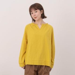 【MOSS CLUB】小V半開襟小荷葉下擺抓褶氣質上衣(黑 黃)