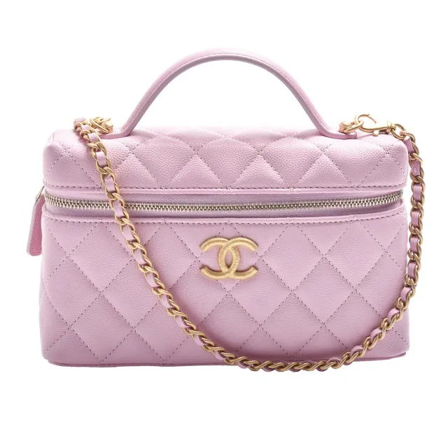 【CHANEL 香奈兒】經典VANITY CASE系列金色雙C LOGO粒紋牛皮手提/斜背包(粉紅色AP4483C-PINK-GPN)