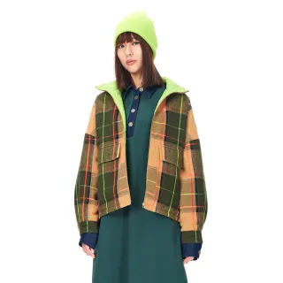 【KeyWear 奇威名品】撞色格紋羊毛大衣外套(卡其色)