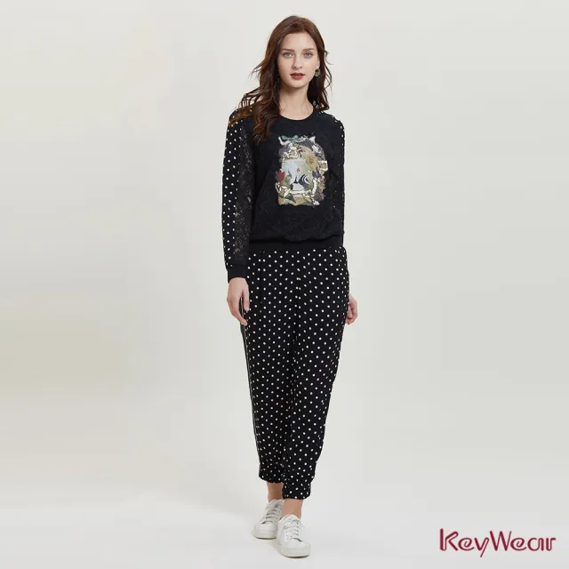【KeyWear 奇威名品】黑白單色復古圓點印花長褲