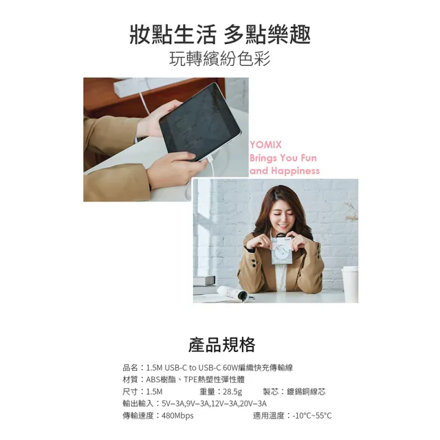 【YOMIX 優迷】2入組★1.5M USB-C to USB-C 60W編織快充充電傳輸線(筆電/Android/Switch/支援iphone17快充)