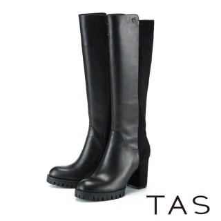 【TAS】真皮拼彈力絨高跟長靴(黑色)