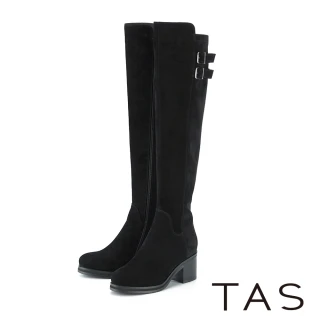 【TAS】氣質真皮拼彈力絨修腿膝上靴(絨黑)