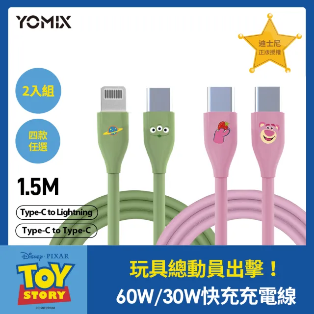 【YOMIX 優迷】2入組★迪士尼玩具總動員C to C 60W/C to L 30W充電線(PD快充/三眼怪/熊抱哥/支援i17快充)