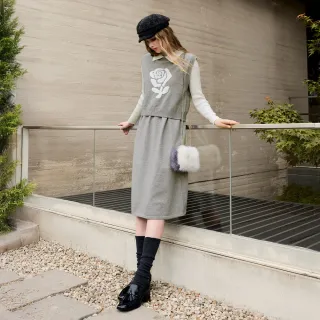 【ILEY 伊蕾】真兩件縫珠緹花背心針織洋裝(灰；M-XL；1254635802)