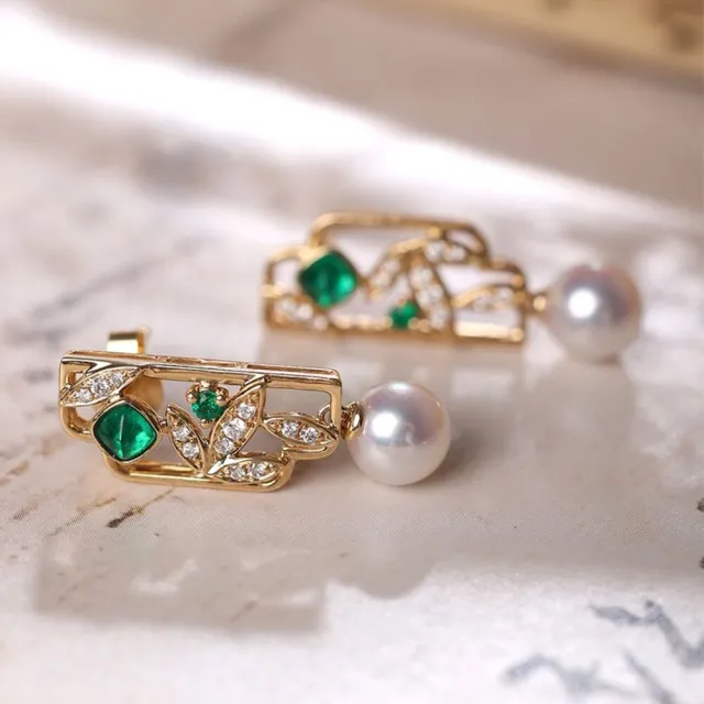 【海斯珠寶】小軒窗系列 18K金竹葉新中式耳環 0.16ct 哥倫比亞糖塔祖母綠 5.5-6mm 日本Akoya珍珠