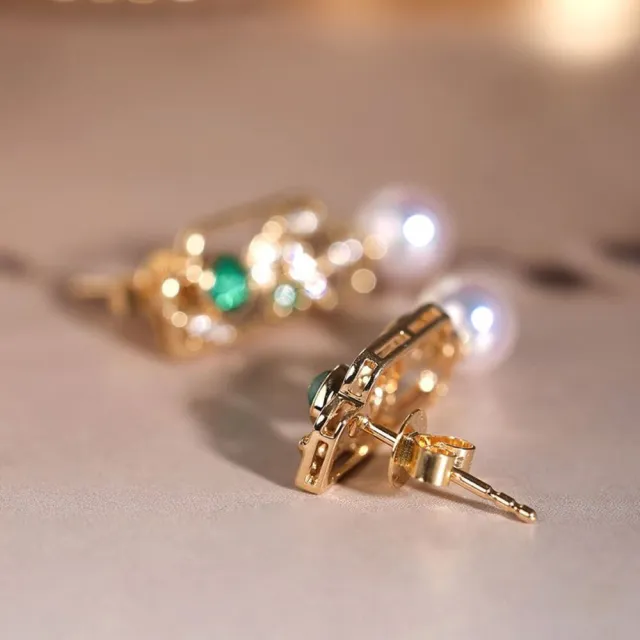 【海斯珠寶】小軒窗系列 18K金竹葉新中式耳環 0.2ct 哥倫比亞糖塔祖母綠 5.5-6mm 日本Akoya珍珠