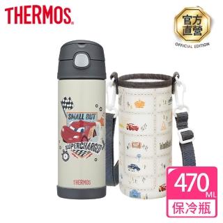 【THERMOS 膳魔師】Cars汽車總動員附背袋不鏽鋼真空兩用保冷瓶兒童水壺470ml(F4021CFCR-DG)
