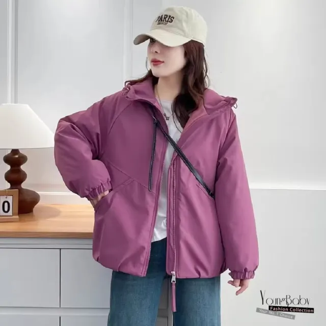 【YOUNGBABY】斜口袋下抽繩連帽夾棉保暖外套 中大尺碼女裝
