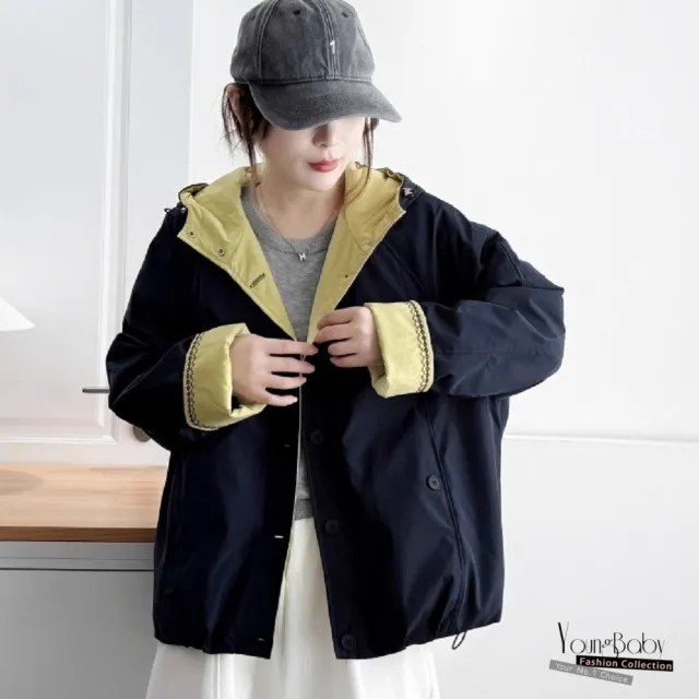 【YOUNGBABY】撞色滾邊菱格刺繡連帽保暖夾棉外套 中大尺碼女裝
