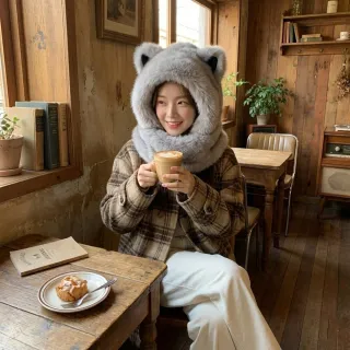 【HaNA 梨花】童話般的軟萌感 立體小熊耳朵連帽圍巾毛帽(小熊耳朵 毛帽  連帽 圍巾)