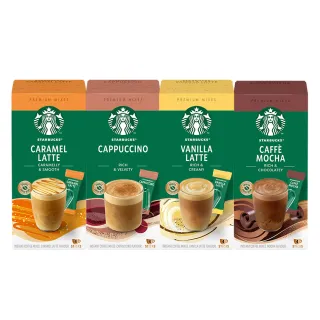 【STARBUCKS 星巴克】特選系列-即溶焦糖瑪奇朵/卡布奇諾/摩卡咖啡/拿鐵4入x4盒(共16入;口味任選)