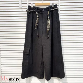 【my stere 我的時尚秘境】雙11 豹紋腰帶八分寬褲 腰帶可拆(含羊毛 挺版寬褲 牛仔寬褲 復古寬褲