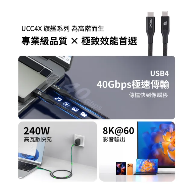 【PX 大通-】240W快充40G USB 4.0  Type C to C充電線傳輸線手機線 8K筆電平板手機電競充電頭(UCC4X-2MB)