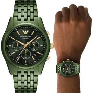 【EMPORIO ARMANI】亞曼尼 經典陶瓷三眼計時手錶 男錶-43mm 過年禮 生日禮物(AR70017)