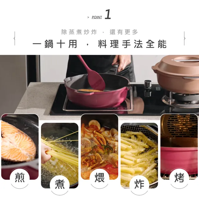 HausChef 可拆式把手鑽石不沾藍鑽深炒鍋28cm(附油炸網/矽膠鏟/隔熱耳夾/不挑爐具)