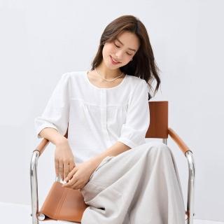 【GIORDANO 佐丹奴】全網限定 女裝泡泡皺圓領中袖休閒襯衫(多色任選)