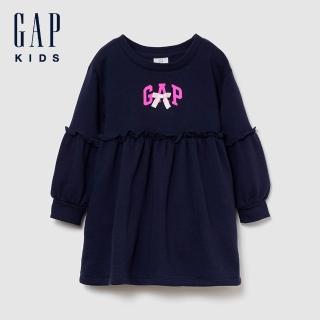 【GAP】女幼童裝 Logo印花圓領長袖洋裝-海軍藍(852417)