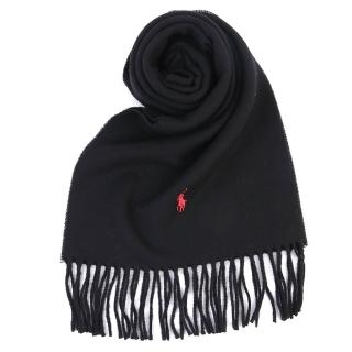 【RALPH LAUREN】POLO經典撞色刺繡小馬素面羊毛流蘇圍巾(黑色)