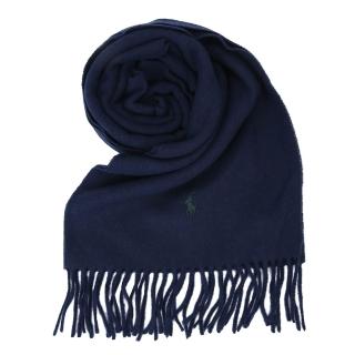【RALPH LAUREN】POLO經典撞色刺繡小馬素面羊毛流蘇圍巾(深藍色)