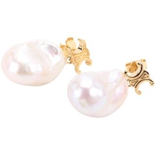 【CELINE】賽琳 Les Perles 凱旋門標誌巴洛克風珍珠穿針式耳環 附皮革收納套-金色(耳環 飾品)