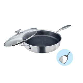 【PERFECT 理想】鈦晶316不銹鋼蜂巢式不沾平底鍋30cm附蓋附鏟  台灣製造(不挑爐具 蜂窩式 不沾鍋)