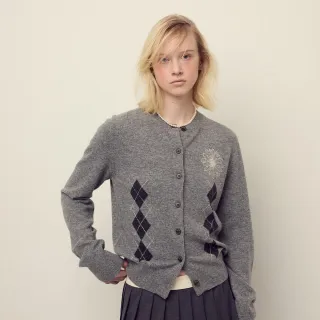 【MARDI MERCREDI】小雛菊針織衫 灰色 象牙白刺繡 CASHMERE BLENDED CARDIGAN ROUND NECK ARGYLE