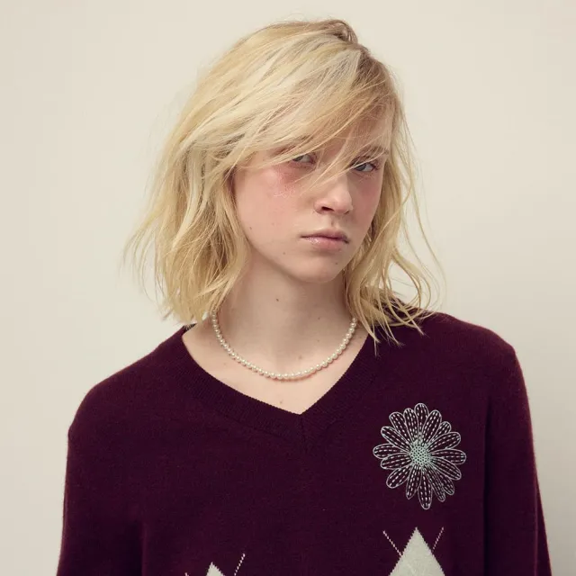 【MARDI MERCREDI】V領針織衫 勃根地酒紅色 小雛菊刺繡 薄荷綠 CASHMERE BLENDED V NECK ARGYLE