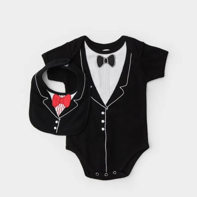 【美國Frenchie Mini Couture】男嬰禮盒組 - 李傲納多紳士版(彌月禮盒黑領結連身衣+圍兜/包屁衣新生兒禮物)
