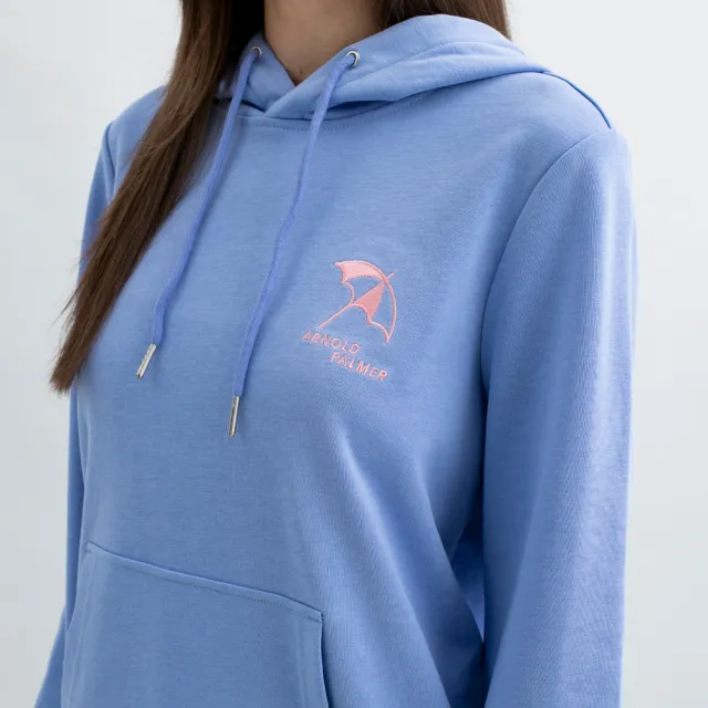 【Arnold Palmer 雨傘】女裝-刺繡傘LOGO長袖帽T(藍色)