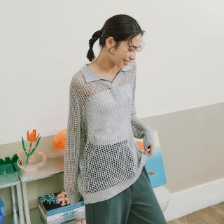 【Dailo】POLO翻領鏤空洞洞長版針織上衣(藍 駝 灰/魅力商品)