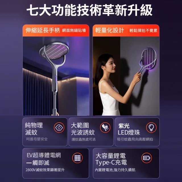 【ANTIAN】可折疊伸縮加長紫光誘蚊電蚊拍 二合一捕蚊拍+滅蚊燈 360°旋轉貼墻滅蚊拍 捕蚊器